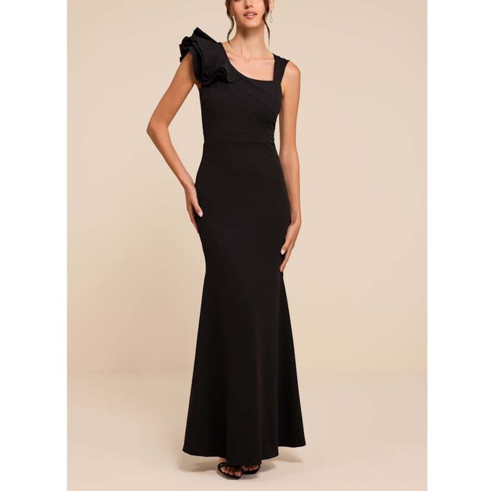 NEW Lulus Lucette Black Sleeveless Ruffled Crepe Knit Mermaid Formal Maxi Dress